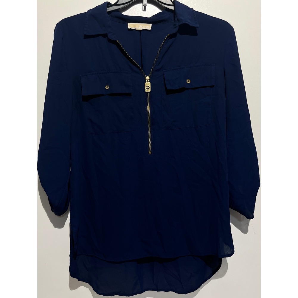 Michael Kors Navy Blue Half Zip Utility Blouse Gold Hardware Roll Tab Sleeve L